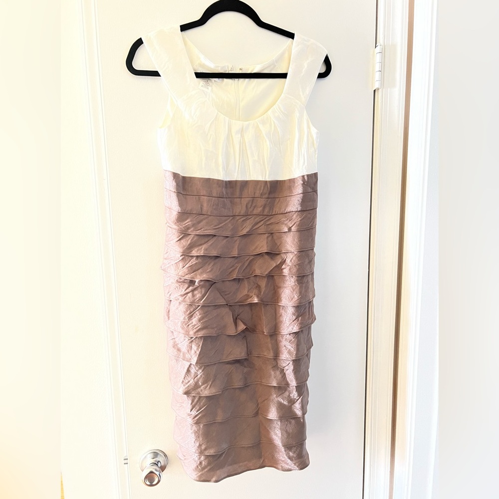 Ruffled brown and tan/white dress